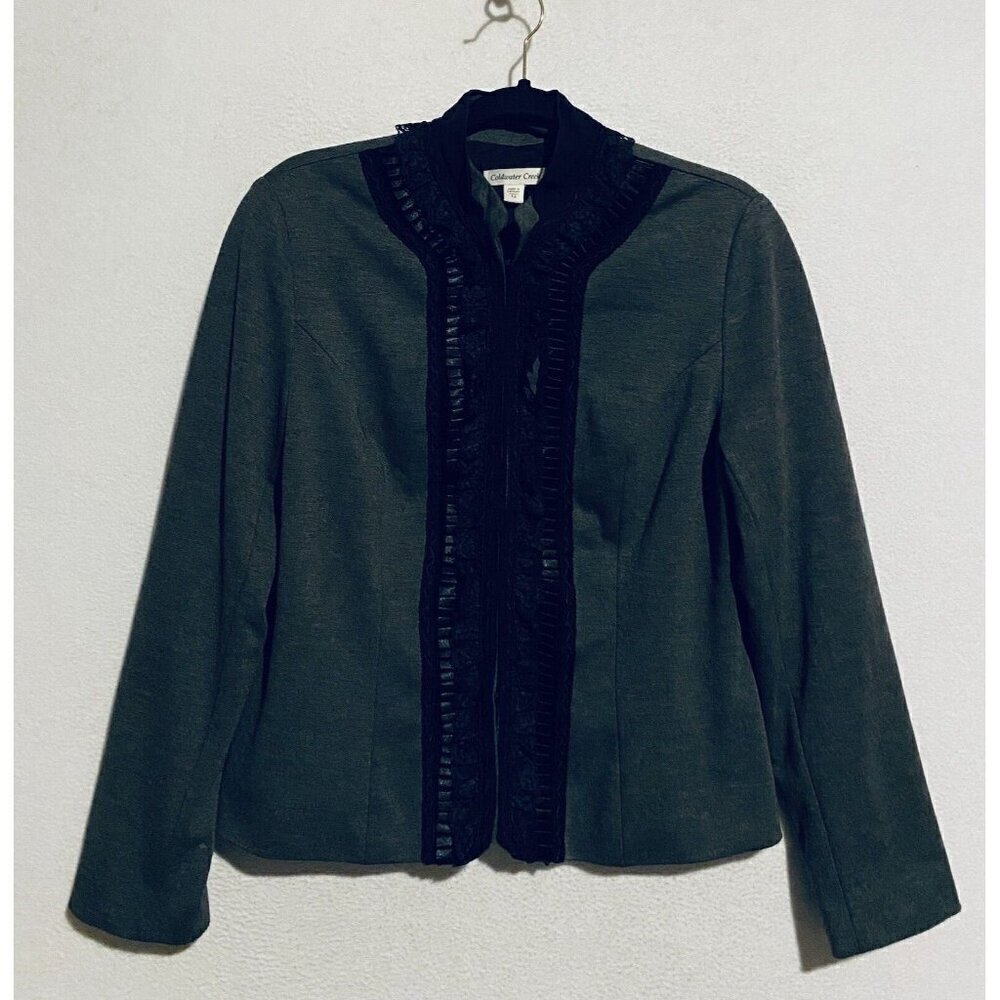 Coldwater Creek Jacket Womens 12 Gray Ponte Knit Lace Ribbon Trim Cottagecore